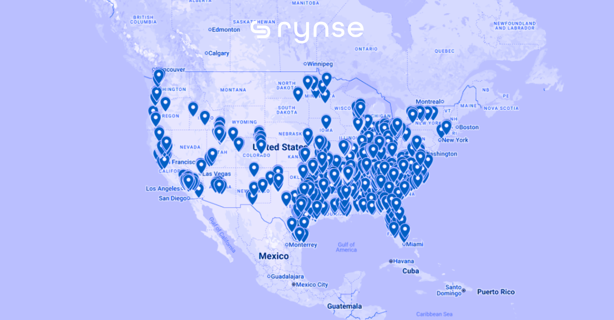 Map of the U.S. showing Rynse’s nationwide network of preferred car wash vendors.